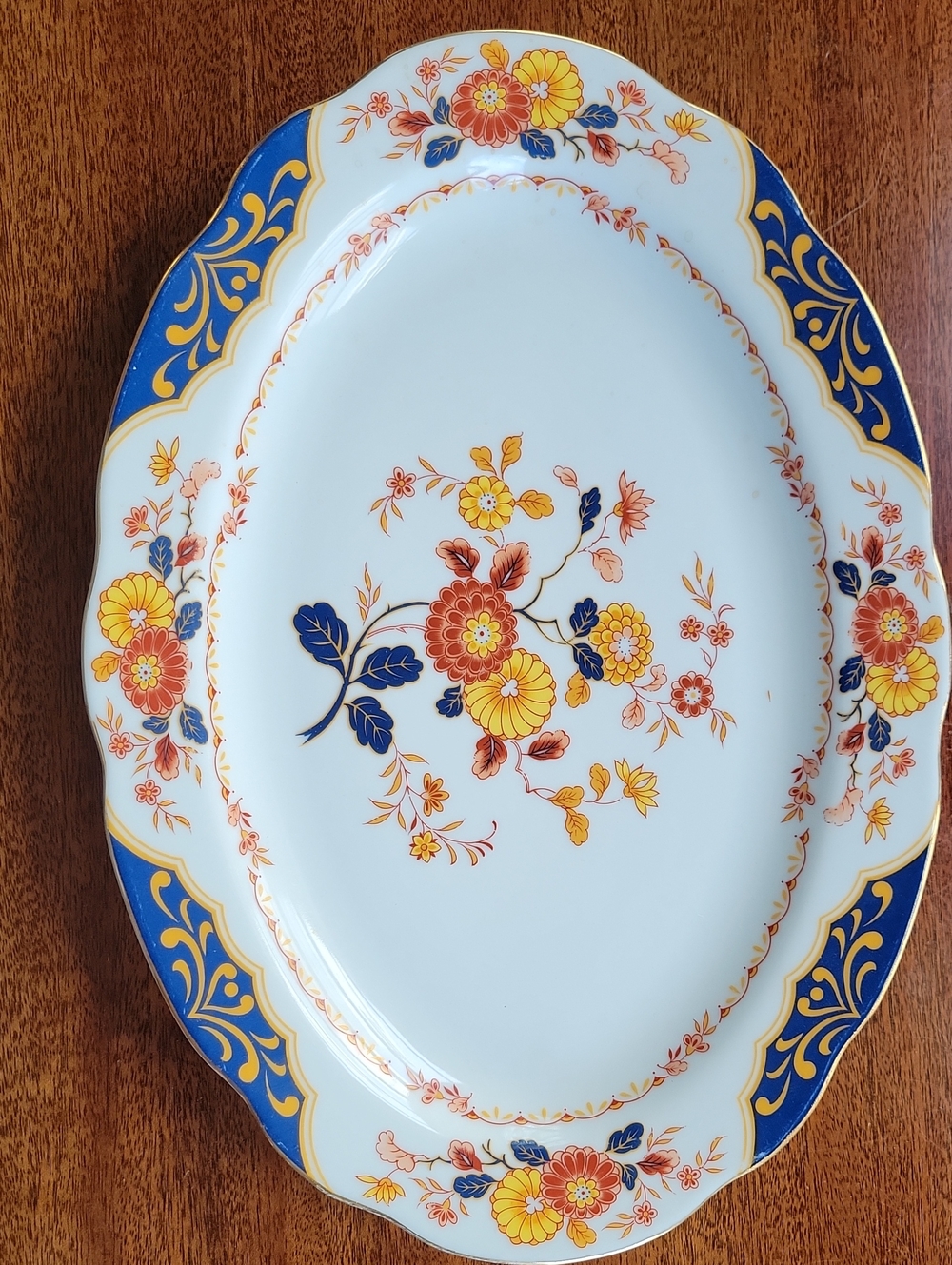Vintage Floral Porcelain Serving Platter in Blue, Yellow and Orange